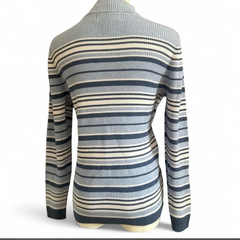 90s Navy Blue White Striped Cotton Mock Neck Ribbed Sweater Size Petite Large - Picture 3 of 7